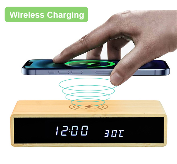 Wireless Charging Bamboo Alarm Clock